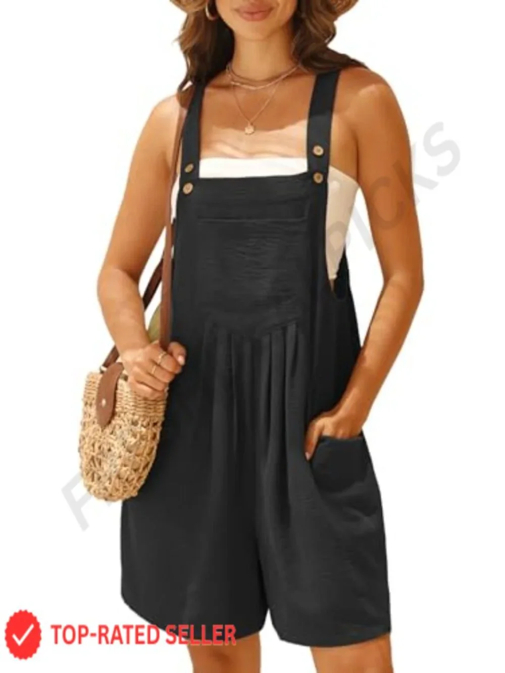 Sleeveless Square Neck Overalls with Pockets, Adjustable Straps, Loose Fit
